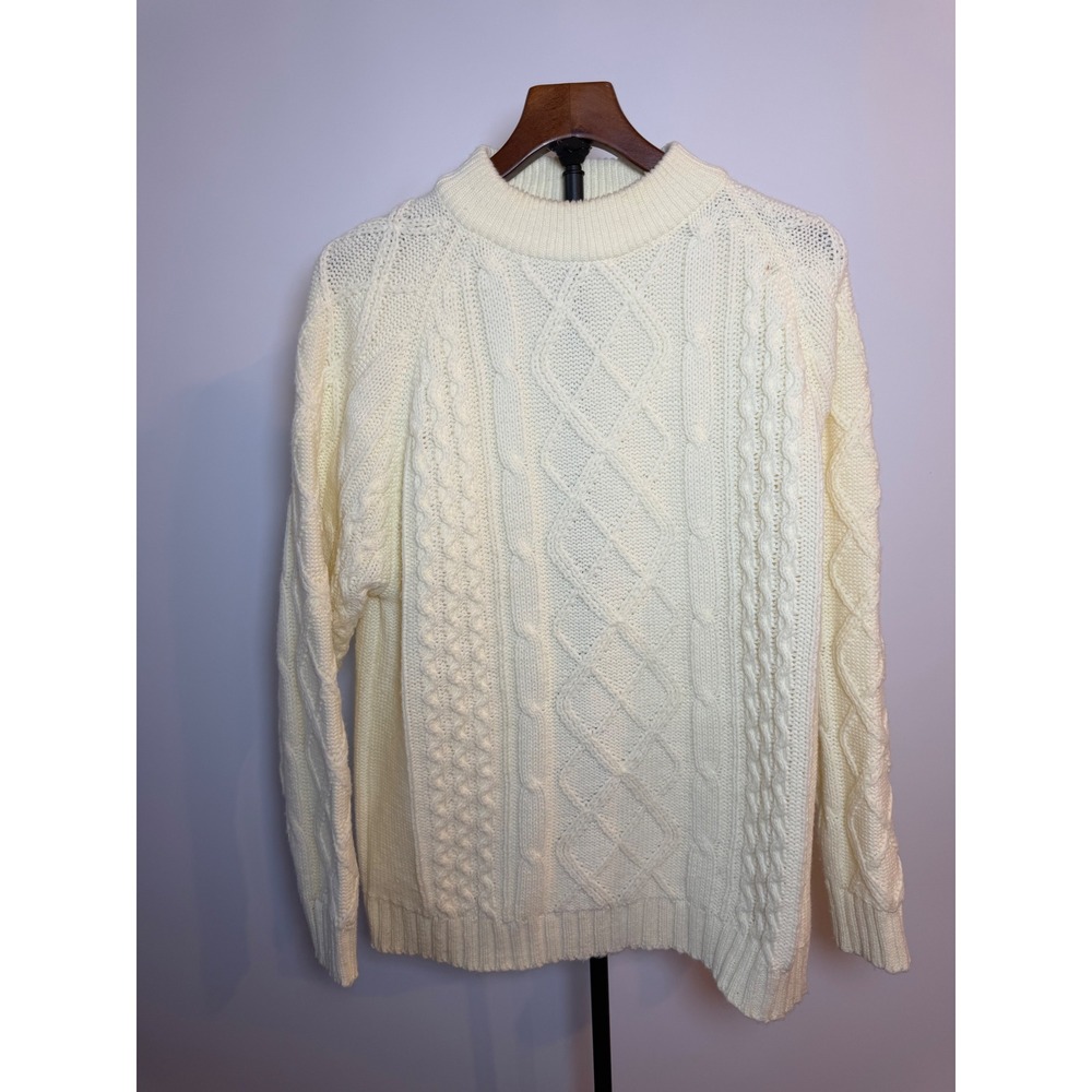 Silton California Vintage Cable Knit Mock Neck Sweater Cream Off White Large